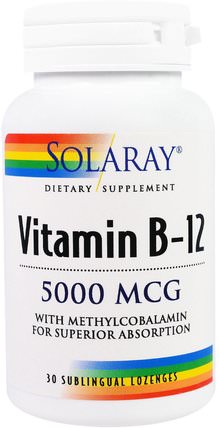 Vitamin B-12, 5000 mcg, 30 Sublingual Lozenges by Solaray, 維生素，維生素b，維生素b12 HK 香港