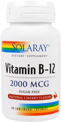Vitamin B-12, Natural Cherry Flavor, Sugar Free, 2000 mcg, 90 Sublingual Lozenges by Solaray, 維生素，維生素b，維生素b12 HK 香港