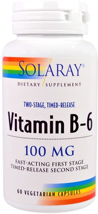 Vitamin B-6, 100 mg, 60 Veggie Caps by Solaray, 維生素，維生素b，維生素b6 - 吡哆醇 HK 香港