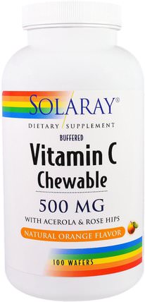 Vitamin C, Chewable, Natural Orange Flavor, 500 mg, 100 Wafers by Solaray, 維生素，維生素C，維生素C咀嚼片 HK 香港