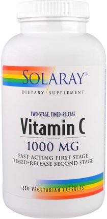 Vitamin C, Two-Stage Timed-Release, 1.000 mg, 250 Vegetarian Capsules by Solaray, 維生素，維生素c，維生素c釋放時間 HK 香港