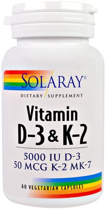 Vitamin D-3 & K-2, 5000 IU, 60 Veggie Caps by Solaray, 維生素，維生素d3，維生素k HK 香港