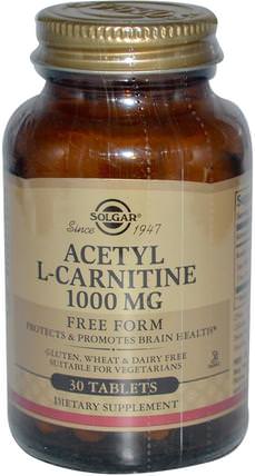 Acetyl L-Carnitine, 1000 mg, 30 Tablets by Solgar, 補充劑，氨基酸，左旋肉鹼，乙酰左旋肉鹼 HK 香港