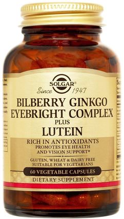 Bilberry Ginkgo Eyebright Complex Plus Lutein, 60 Vegetable Capsules by Solgar, 補充劑，抗氧化劑，葉黃素 HK 香港