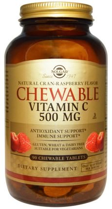 Chewable Vitamin C, 500 mg, Natural Cran-Raspberry Flavor, 90 Chewable Tablets by Solgar, 維生素，維生素c HK 香港
