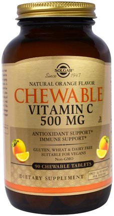 Chewable Vitamin C, 500 mg, Natural Orange Flavor, 90 Chewable Tablets by Solgar, 補充劑，抗氧化劑，維生素C，維生素C咀嚼片 HK 香港