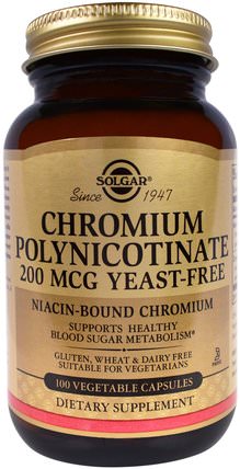 Chromium Polynicotinate, 200 mcg, 100 Vegetable Capsules by Solgar, 補充劑，礦物質，吡啶甲酸鉻 HK 香港