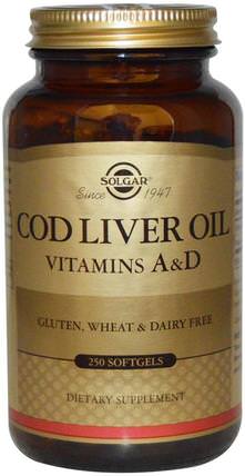 Cod Liver Oil, Vitamin A & D, 250 Softgels by Solgar, 補充劑，efa omega 3 6 9（epa dha），魚肝油 HK 香港