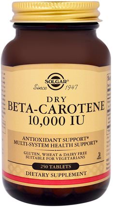 Dry Beta-Carotene, 10.000 IU, 250 Tablets by Solgar, 補充劑，抗氧化劑，維生素a，β胡蘿蔔素 HK 香港