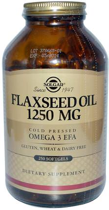 Flaxseed Oil, 1250 mg, 250 Softgels by Solgar, 補充劑，efa omega 3 6 9（epa dha），亞麻油軟膠囊 HK 香港
