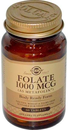 Folate, As Metafolin, 1000 mcg, 60 Tablets by Solgar, 維生素，葉酸，5-mthf葉酸（5甲基四氫葉酸） HK 香港