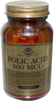 Folic Acid, 800 mcg, 250 Tablets by Solgar, 維生素，維生素b，葉酸 HK 香港