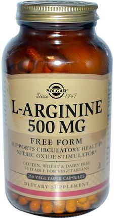 L-Arginine, 500 mg, 250 Vegetable Capsules by Solgar, 補充劑，氨基酸，精氨酸 HK 香港