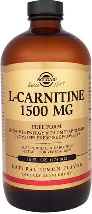 L-Carnitine, Natural Lemon Flavor, 1500 mg, 16 fl oz (473 ml) by Solgar, 補充劑，氨基酸，左旋肉鹼，左旋肉鹼液 HK 香港