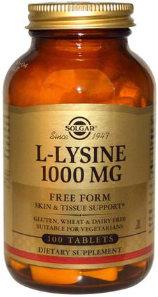 L-Lysine, Free Form, 1000 mg, 100 Tablets by Solgar, 補充劑，氨基酸，l賴氨酸 HK 香港