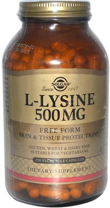 L-Lysine, Free Form, 500 mg, 250 Vegetable Capsules by Solgar, 補充劑，氨基酸，l賴氨酸 HK 香港