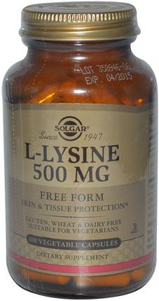 L-Lysine, Free Form, 500 mg, 100 Vegetable Capsules by Solgar, 補充劑，氨基酸，l賴氨酸 HK 香港