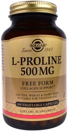 L-Proline, 500 mg, 100 Vegetable Capsules by Solgar, 補充劑，氨基酸，l脯氨酸 HK 香港