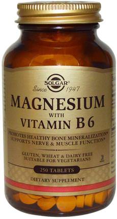 Magnesium, with Vitamin B6, 250 Tablets by Solgar, 維生素，維生素B，維生素b6 - 吡哆醇，補品，礦物質 HK 香港