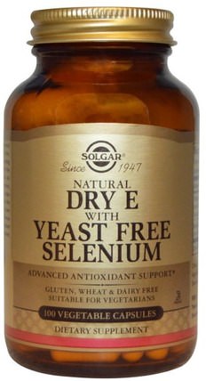 Natural Dry E with Yeast Free Selenium, 100 Vegetable Capsules by Solgar, 補充劑，抗氧化劑，硒，維生素E +硒，維生素，維生素E HK 香港