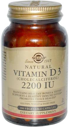 Vitamin D3 (Cholecalciferol), 2200 IU, 100 Vegetable Capsules by Solgar, 維生素，維生素D3 HK 香港