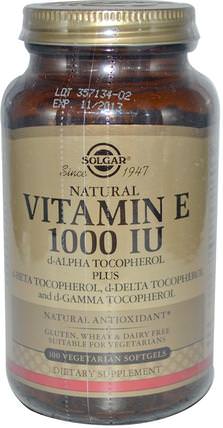 Natural Vitamin E, 1000 IU, d-Alpha Tocopherol & Mixed Tocopherols, 100 Vegetarian Softgels by Solgar, 維生素，維生素E，維生素E混合生育酚 HK 香港