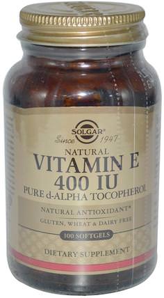 Natural Vitamin E, 400 IU, Pure d-Alpha Tocopherol, 100 Softgels by Solgar, 維生素，維生素E，補充劑，抗氧化劑 HK 香港