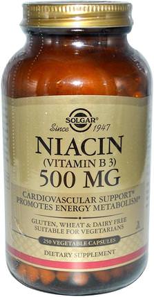 Niacin (Vitamin B3), 500 mg, 250 Vegetable Capsules by Solgar, 維生素，維生素b，維生素b3，維生素b3 - 菸酸 HK 香港