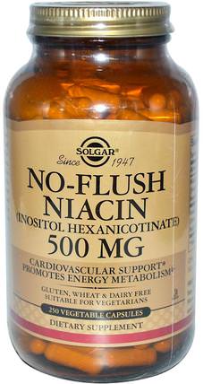 No-Flush Niacin, 500 mg, 250 Vegetable Capsules by Solgar, 維生素，維生素B，維生素b3，菸酸沖洗 HK 香港