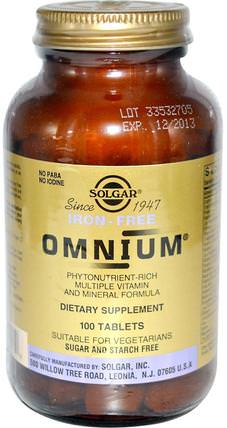 Omnium, Multiple Vitamin and Mineral Formula, Iron-Free, 100 Tablets by Solgar, 補品，礦物質 HK 香港