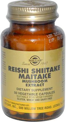 Reishi Shiitake Maitake Mushroom Extract, 50 Vegetable Capsules by Solgar, 補充劑，藥用蘑菇，蘑菇膠囊，adaptogen HK 香港