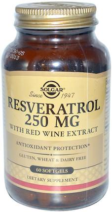 Resveratrol, 250 mg, 60 Softgels by Solgar, 補充劑，抗氧化劑，白藜蘆醇 HK 香港