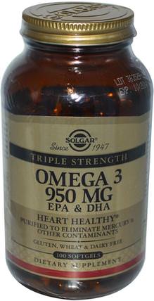 Triple Strength Omega-3, 950 mg, EPA & DHA, 100 Softgels by Solgar, 補充劑，efa歐米茄3 6 9（epa dha），歐米茄369粒/標籤 HK 香港