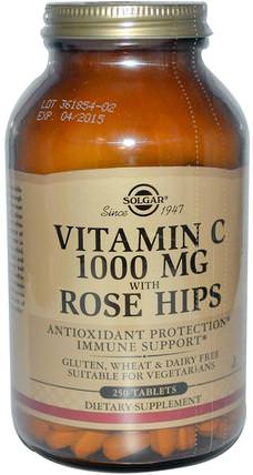 Vitamin C With Rose Hips, 1000 mg, 250 Tablets by Solgar, 補充劑，抗氧化劑，維生素c HK 香港