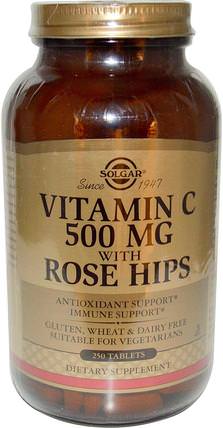 Vitamin C With Rose Hips, 500 mg, 250 Tablets by Solgar, 維生素，維生素C生物類黃酮玫瑰果 HK 香港