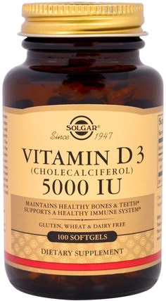 Vitamin D3 (Cholecalciferol), 5000 IU, 100 Softgels by Solgar, 維生素，維生素D3 HK 香港