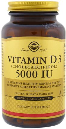 Vitamin D3 (Cholecalciferol), 5000 IU, 240 Vegetable Capsules by Solgar, 維生素，維生素D3 HK 香港