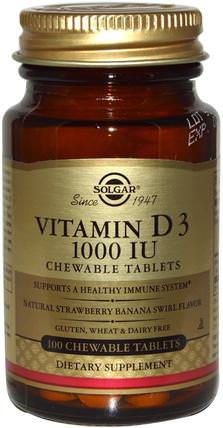Vitamin D3, Natural Strawberry Banana Swirl Flavor, 1000 IU, 100 Chewable Tablets by Solgar, 維生素，維生素D3 HK 香港