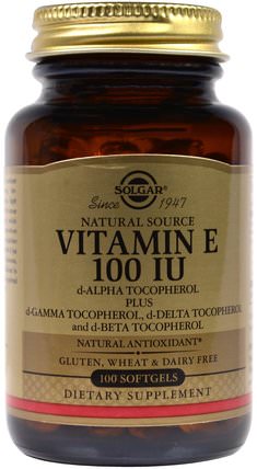 Natural Vitamin E, 100 IU, d-Alpha Tocopherol & Mixed Tocopherols, 100 Softgels by Solgar, 維生素，維生素e HK 香港