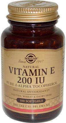 Natural Vitamin E, 200 IU, Pure d-Alpha Tocopherol, 100 Softgels by Solgar, 維生素，維生素e HK 香港