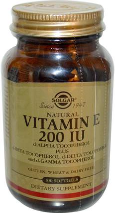 Natural Vitamin E, 200 IU, d-Alpha Tocopherol & Mixed Tocopherols, 100 Softgels by Solgar, 維生素，維生素e HK 香港