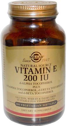 Natural Vitamin E, 200 IU, d-Alpha Tocopherol & Mixed Tocopherols, 100 Vegetarian Softgels by Solgar, 維生素，維生素e HK 香港