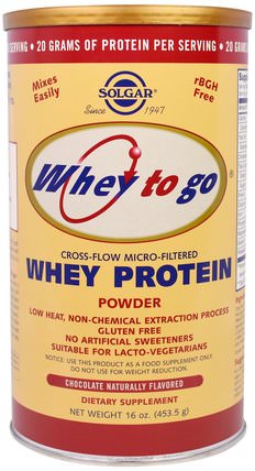 Whey To Go, Whey Protein Powder, Natural Chocolate Flavor, 16 oz (453.5 g) by Solgar, 補充劑，乳清蛋白 HK 香港