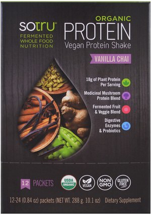 Organic Vegan Protein Shake, Vanilla Chai, 12 Packets, 0.84 oz (24 g) Each by SoTru, 補品，超級食品，蛋白質 HK 香港