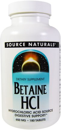 Betaine HCL, 650 mg, 180 Tablets by Source Naturals, 補充劑，甜菜鹼hcl，鹽酸氨基葡萄糖 HK 香港