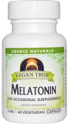Vegan True, Melatonin, 3 mg, 60 Veggie Caps by Source Naturals, 補充劑，褪黑激素3毫克 HK 香港