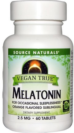 Vegan True, Melatonin, Orange, 2.5 mg, 60 Tablets by Source Naturals, 補充劑，褪黑激素複合物 HK 香港