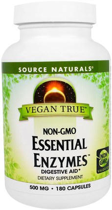 Vegan True, Non-GMO Essential Enzymes, 500 mg, 180 Capsules by Source Naturals, 補充劑，酶，消化酶 HK 香港