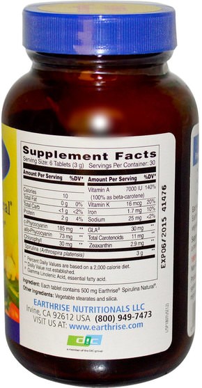 健康 - Earthrise, Spirulina Natural, 500 mg, 180 Tablets