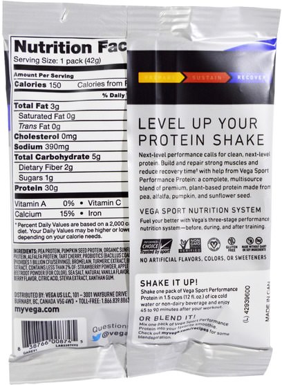 健康 - Vega, Sport, Performance Protein Drink Mix, Berry Flavor, 1.5 oz (42 g)